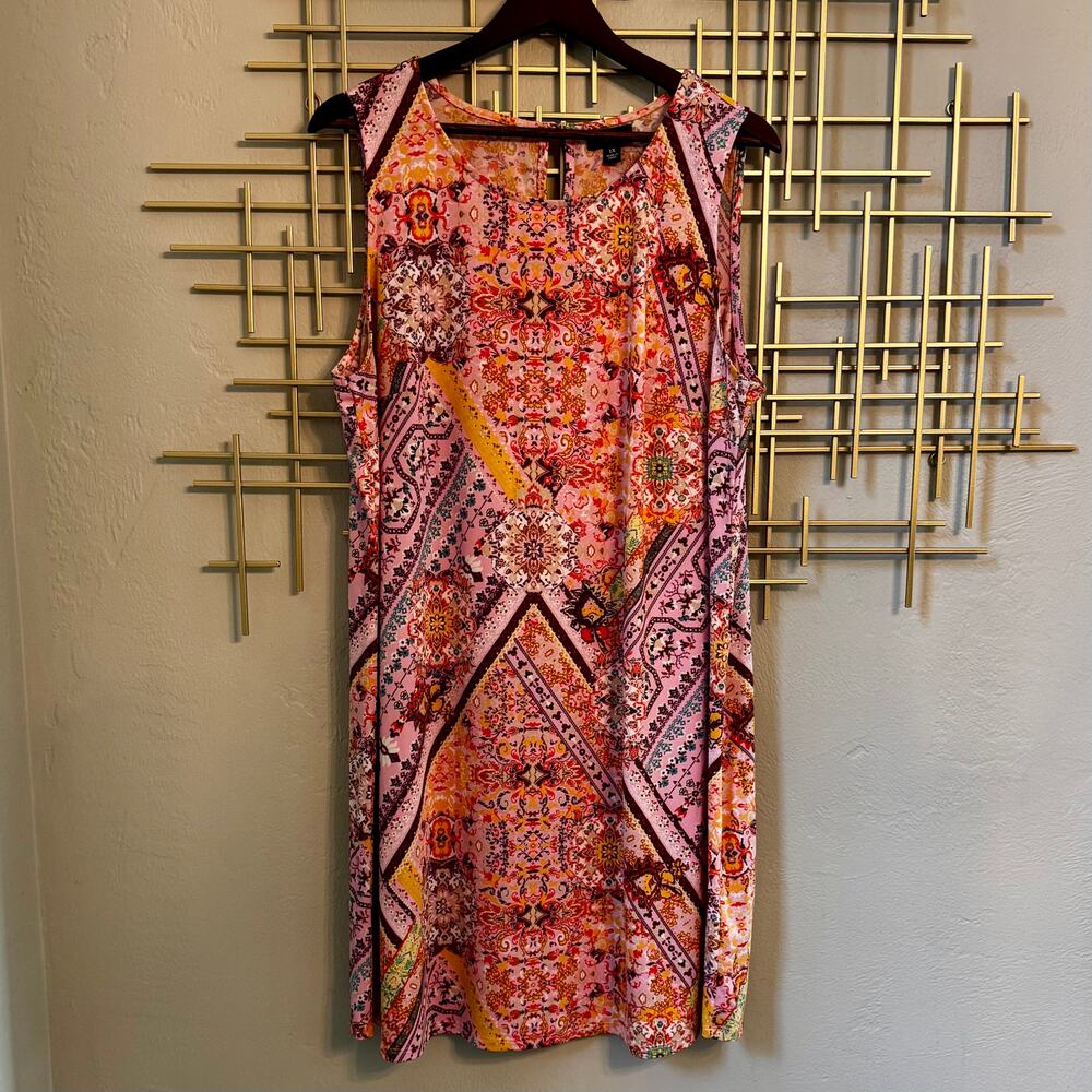 Tacera 1X Plus Pink Boho Patchwork Paisley Sleeveless Shift Dress Women's